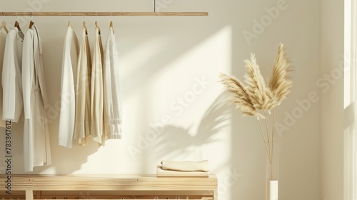 Minimalist clothing display in neutral tones with warm sunlight casting soft shadows, evoking calm and simplicity