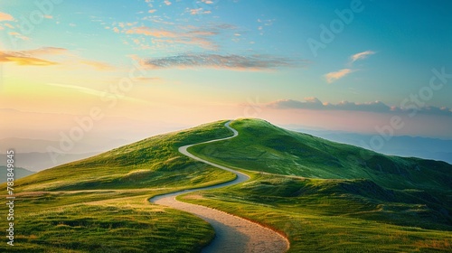 A path winding up a hill, leading to a summit with a panoramic view, metaphor for the journey of achievement and the high point of success