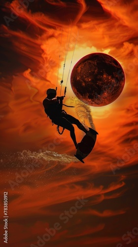 A man is kitesurfing on a red sea with a red moon in the background.