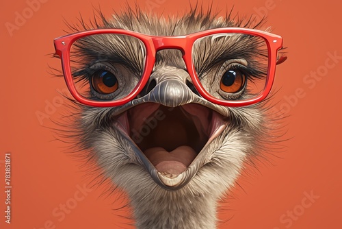 happy ostrich wearing red glasses with a big open mouth against a pastel background 