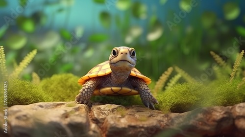 Turtle on green moss in the garden. 3d illustration.