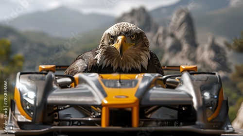 Majestic Eagle Commanding a High-Performance Race Car Amid Breathtaking Mountain Vistas,Embodying the Essence of Speed and Precision