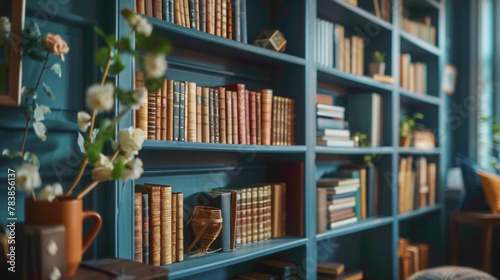 Detail shot of a built-in bookcase filled with books and decor, modern interior design, scandinavian style hyperrealistic photography