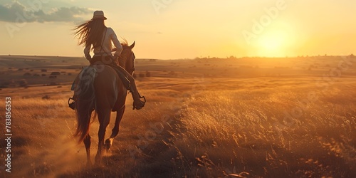 A Woman Riding Her Horse Across a Vast Grassy Plain as the Sun Sets in the Horizon Embodying the Spirit of Freedom and the Untamed Wild