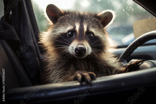 Cute raccoon looking out the car window, raccoon driving a car