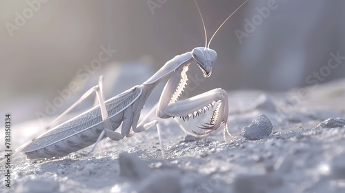 An extreme close-up side view of a praying mantis cleaning its forelegs, capturing the fine hairs and sharp spines on its limbs.