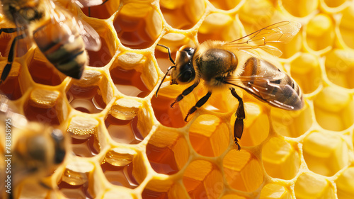 Closeup Detail of Honeybees Working on Honeycomb in Beehive