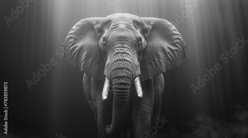  A black-and-white image of an elephant with light originating from behind its head and tusks