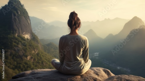 back view of woman is relaxingly practicing meditation yoga at top of mountain, 