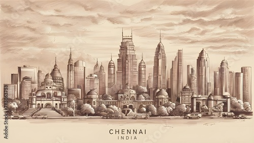  Chennai, India city skyline pencil sketch