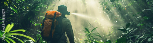 A hiker using a mosquito spray in a dense forest, the mist visibly forming a barrier that deters mosquitoes from approaching