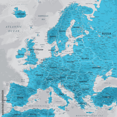 Europe - Highly Detailed Vector Map of the Europe. Ideally for the Print Posters. Sapphire Blue Green Grey Colors. Relief Topographic and Depth