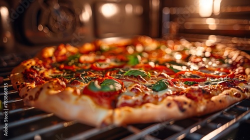 Juicy Italian pizza with pepperoni cheese and spices is baked in a modern electric oven. Close-up