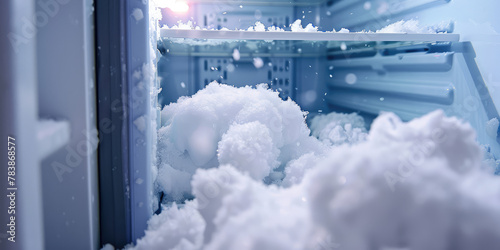 Open refrigerator freezer door with snow inside. Defrosting of the freezer, appearance of snow in the refrigerator.