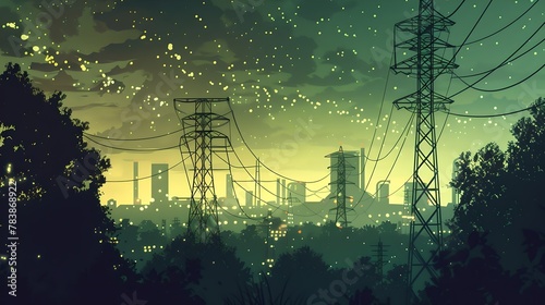 Dusk falls over an urban skyline, power lines silhouette. Twilight cityscape meets nature. Digital art with a serene vibe. AI