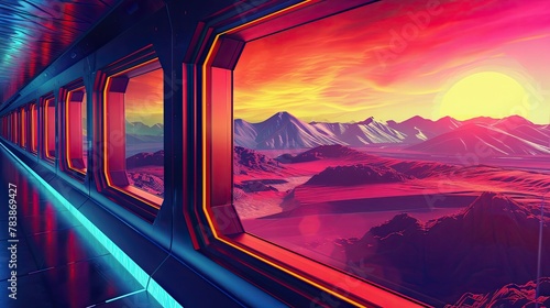 Hexagonal windows of a futuristic train moving through a vibrant landscape