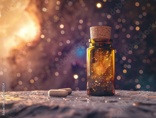 Pill bottle with elixir of life, celestial event backdrop, medium shot, 2D.