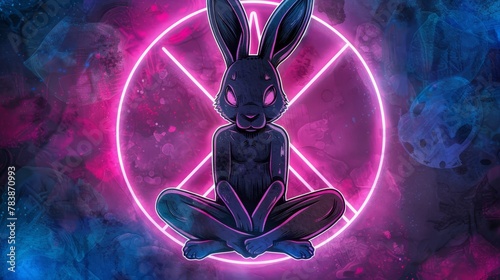  A rabbit in yoga pose against pink-blue backdrop, peace sign featured midway