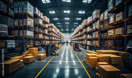 Vast Warehouse Interior: High Shelves, Forklifts, and Efficient Storage Solutions in a Modern Facility