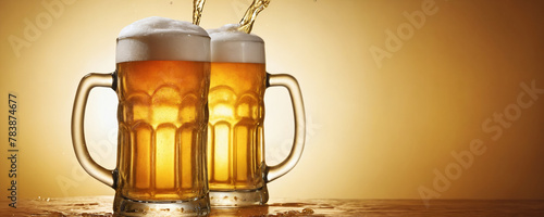 Two beer mugs stand on an amber background, with beer being poured into them. 
