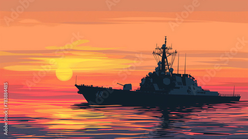 Sketched Destroyer Ship at Sunset, Stylized Ocean Illustration