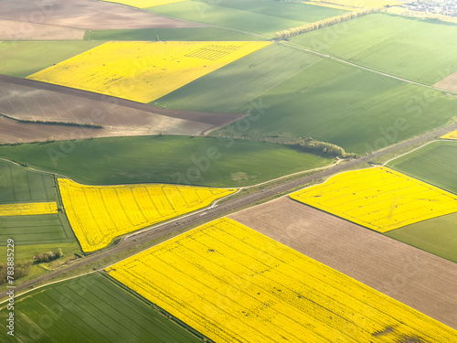 Aerial image of bright yellow rapeseed fields and farm, Brassica napus, in northern France, 