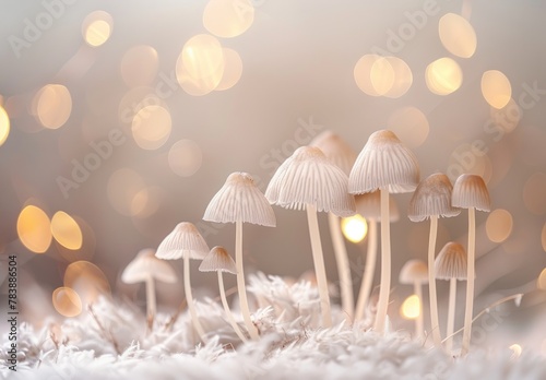 Soft winter hues and gentle bokeh lights highlight the delicate caps of small mushrooms on a frosty ground.