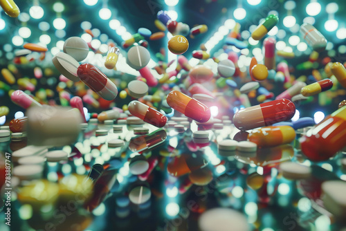 A bunch of colorful pills are falling from the sky. The pills are of different colors and sizes, and they are scattered all over the ground. The scene gives off a sense of chaos and disorder
