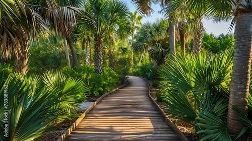 A wooden boardwalk among palmettos and sabal palms leads