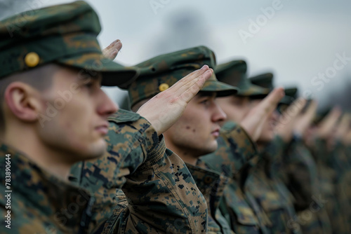 A group of soldiers are lined up and saluting. Scene is solemn and respectful