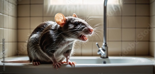 Close-up of a rat entering the human habitat from the sewer system - ai generated image