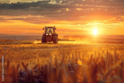 irrigation tractor spraying or harvesting agricultural crop at sunset. photo is real. place for text. information infographic, generative ai
