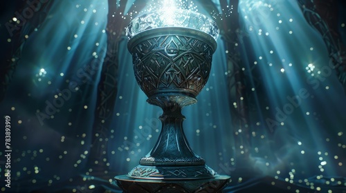 Celestial goblet, adorned with intricate runes, overflows with sparkling elixir Placed atop a pedestal in a celestial hall strewn with stardust 3D render