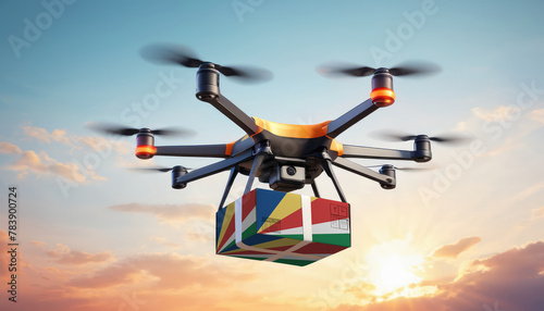 A drone delivers a box with a Seychelles flag. The concept of delivering goods, food from stores to the client’s home in the Seychelles.