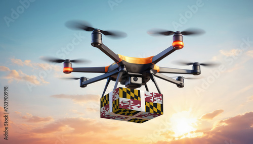 A drone delivers a box with a Maryland flag. The concept of delivering goods, food from stores to the client’s home in the Maryland.