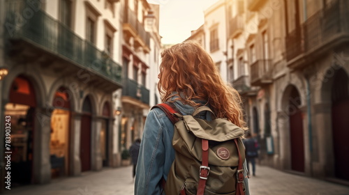 A woman walks a narrow street in old European city with a backpack