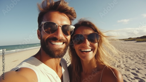 Outdoor self portrait of young traveling couple in love , best friends , having fun on amazing tropical beach. Attractive wonder girl with stylish hipster boyfriend enjoying holidays.