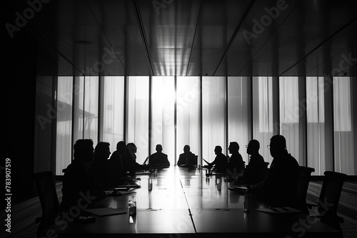 A shadowy boardroom negotiation, participants silhouetted against stark lighting, tense postures, high stakes invisible to the eye