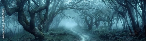 Deep forest pathway, misty with spectral figures lurking, twisted trees forming gnarled silhouettes, moonlight casting shadows