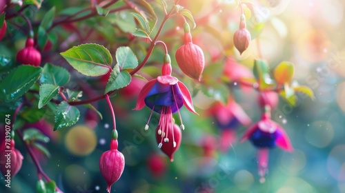 Fuschia Flowers in Full Bloom with Lush Foliage and Tree Branches - A Striking Floral Scene Brimming with Brilliant Reds and Purples