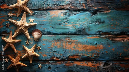 Starfish and Seashells on a Wooden Background