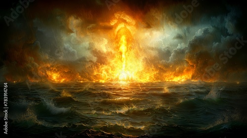  A large body of water ablaze with fire erupting from its center