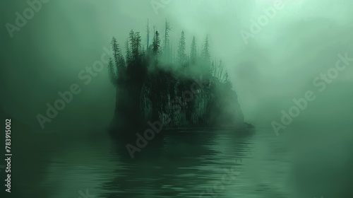  A fog-enshrouded lake, with an isle nestled in its center, and trees lining its banks
