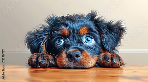  A tight shot of a poised dog gazing at the camera from a wooden floor, its paws firmly planted beneath