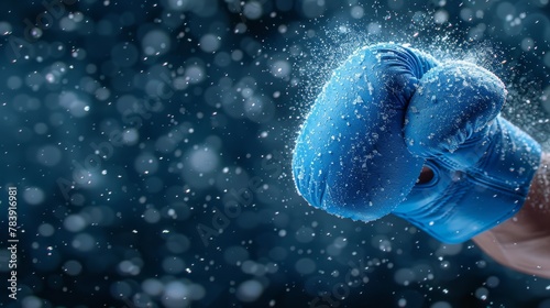  A tight shot of someone wearing a blue boxing glove as snowflakes delicately detach and descend from its peak