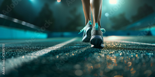 Focus on the shoes of a runner training in a stadium with artificial lighting, preparing for a sports competition.