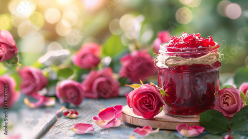 Homemade dry rose preserves or jam in a mason jar surrounded by fresh organic rose