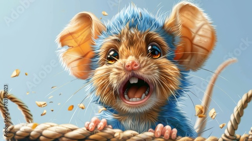  A painting of a rat with its mouth and eyes widely open on a taut rope