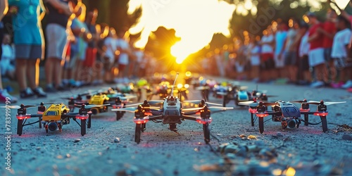 Drone Racers Preparing at Starting Line with Colorful Drones and Large Audience, Sunset