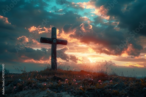 A wooden cross with rough edges is standing on a hill at sundown. Generative Ai